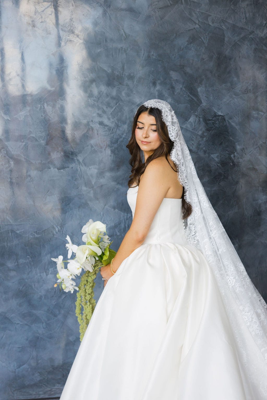 Bridal portrait lace mantilla veil ball gown Tampa
