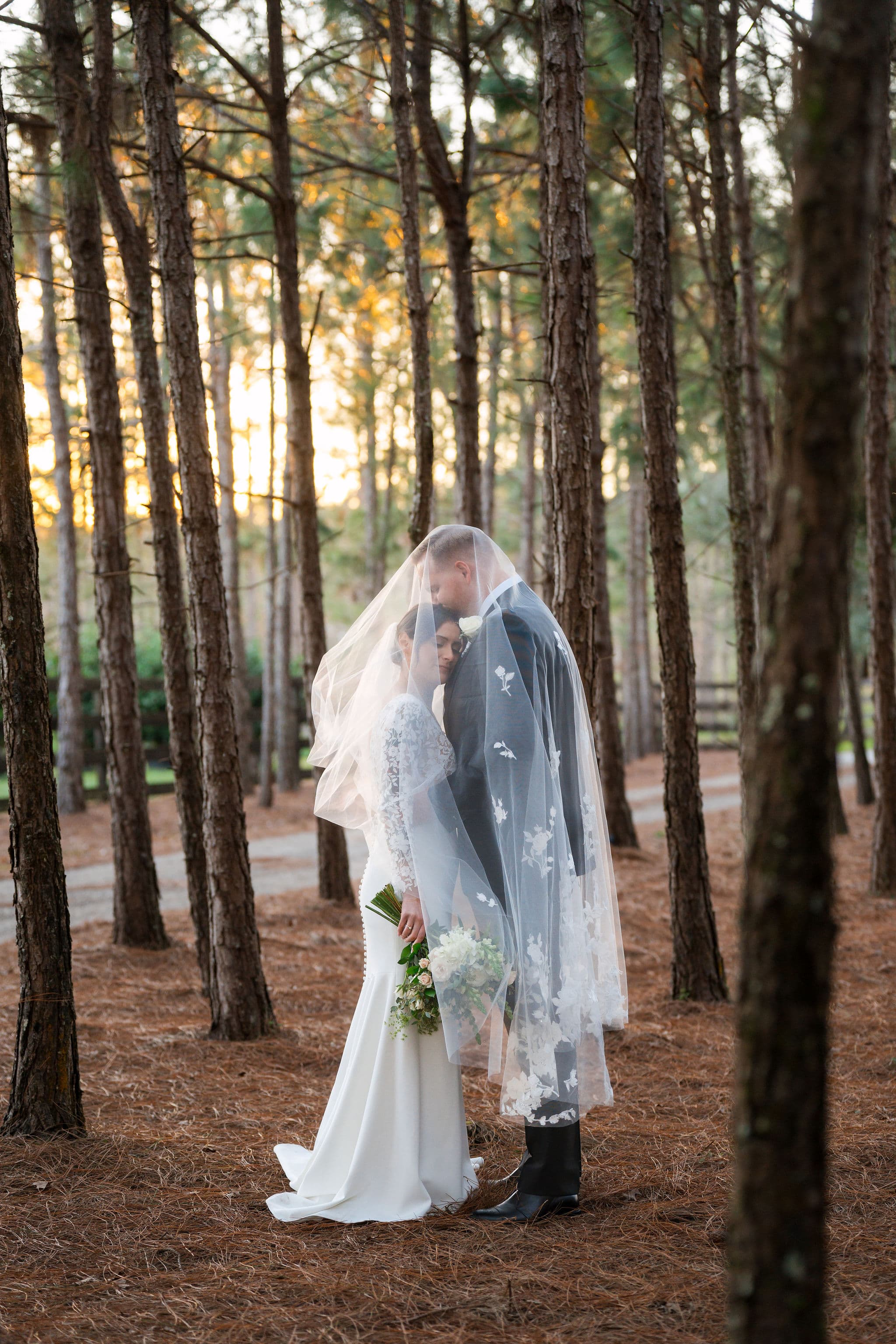 Bride and groom wrapped in a cathedral veil in a pine forest at golden hour