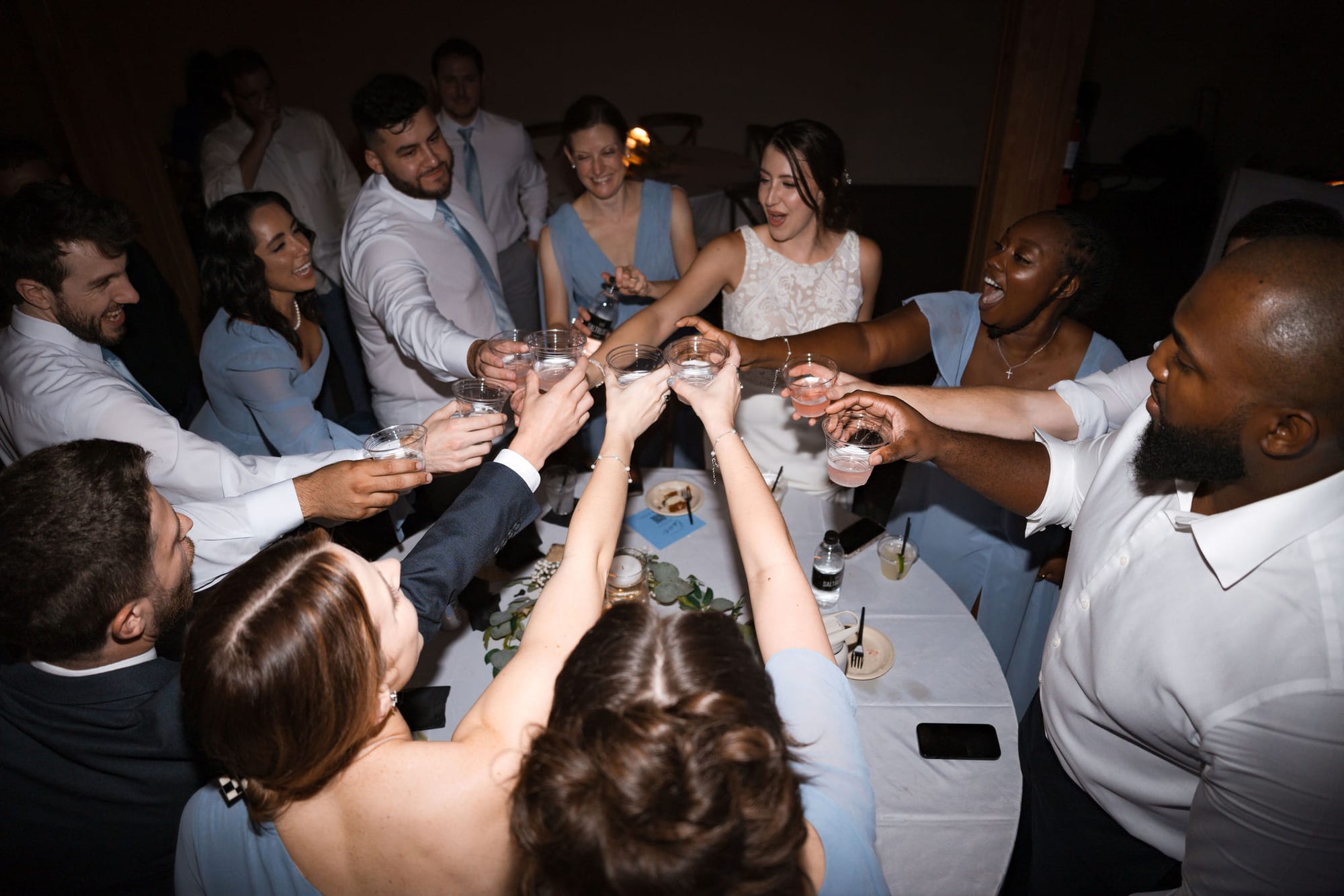 Wedding party raising a toast together on the dance floor