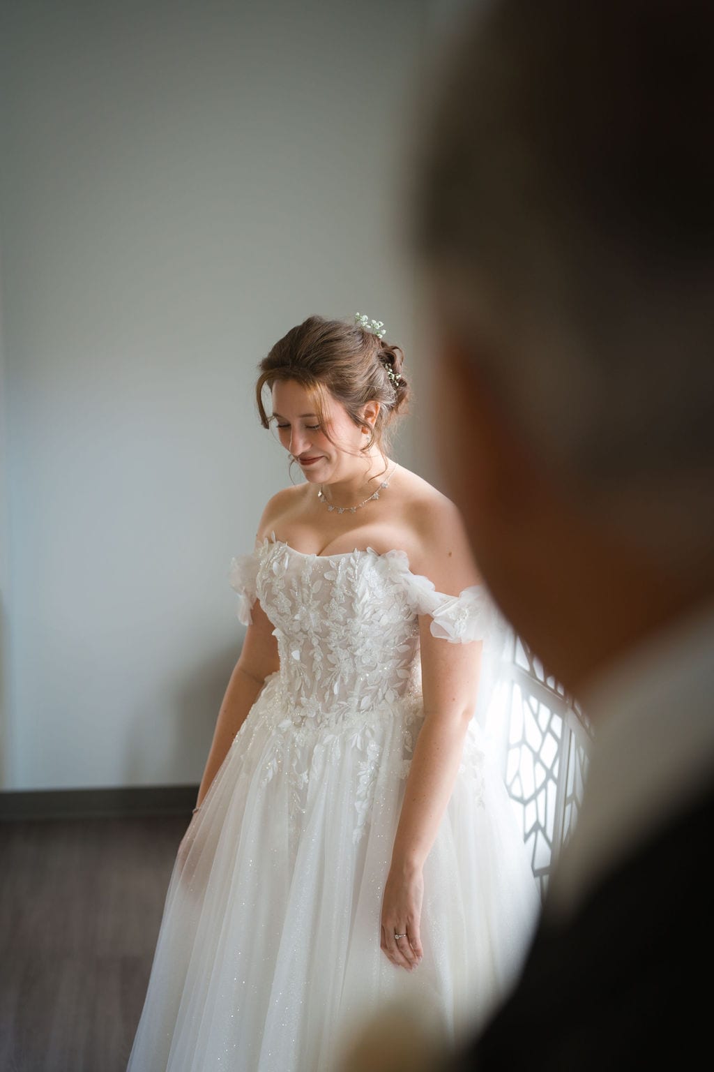 Bride in a sparkling tulle gown photographed in window light